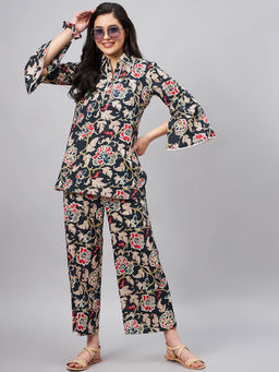 WineRed - Woman Black Botanical Print Long Line Co-Ord Set