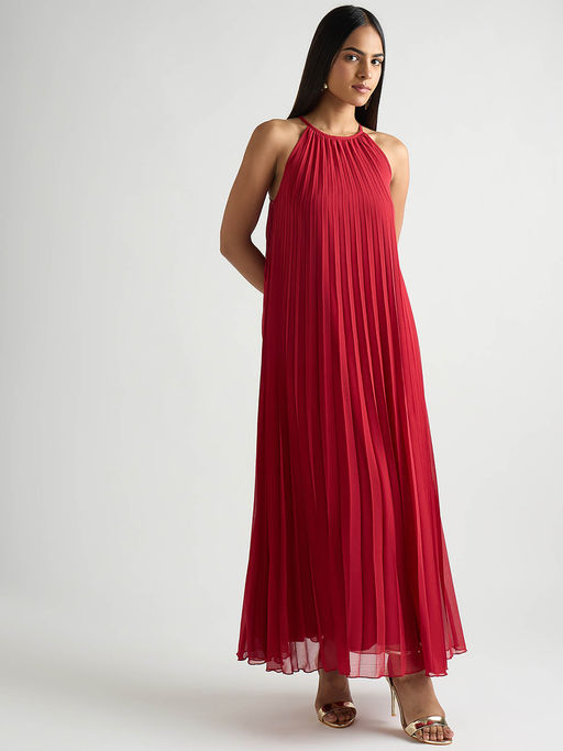 Buy Femmella Red Halter Neck Pleated Maxi Dress (XS) Online