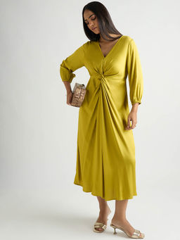 Femmella - Citrine Green Modal Satin Twist Detail Midi Dress