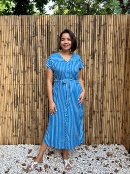 Label Tanvee - Blue Striped Belted Midi Dress