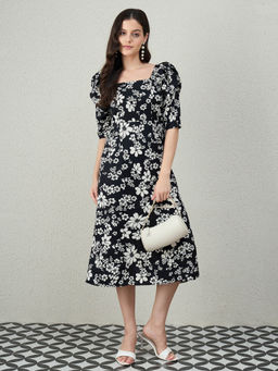 Kibo - Women Western Wear Black-Off White Mid Dress