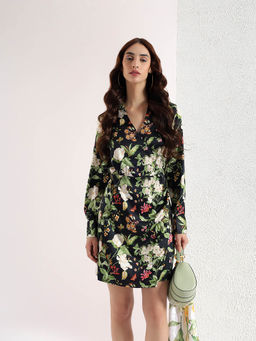 Kibo - Black Casual Wrap Satin Printed Mini Dress