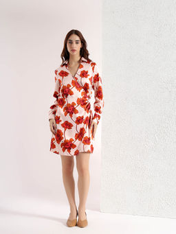 Kibo - Beige Casual Wrap Satin Printed Mini Dress