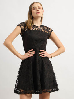 Miss Chase - Women's Black Round Neck Cap Sleeves Low Back Lace Skater Mini Dress