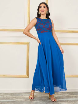 Miss Chase - Women's Royal Blue Georgette Floral Lace Fit and Flare Maxi Dress