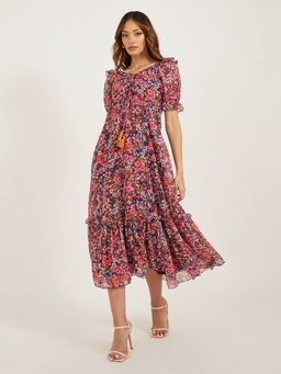 Miss Chase - Women's Multicolored-Base-Wine V-Neck Floral Ruching Ankle-Length Dress