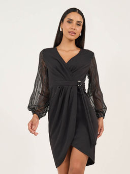 Miss Chase - Women's Black Solid V Neck Polyester Wrap Knee-Length Dress