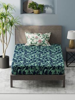 KOPA - Single Bedsheet With Pillow Covers (Denim Cotton Feel) Floral-Navy Blue/Green (Single)
