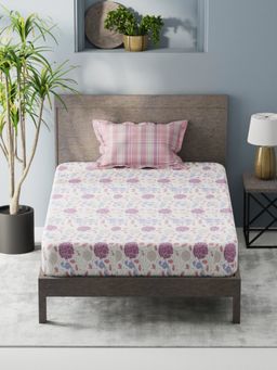 KOPA - Single Bedsheet With Pillow Covers (Denim Cotton Feel) Floral-White/Purple (Single)