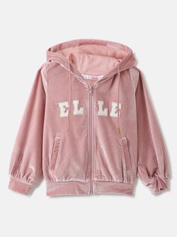 ELLE - Girls Pink Solid Hooded Full Sleeves Zipped Sweatshirt