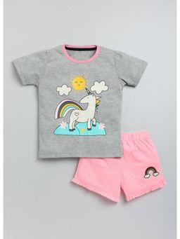 Lazy Shark - Girls Grey and Light Pink Printed Cotton T-Shirt with Shorts (Set of 2)