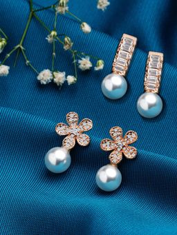 Zaveri Pearls - Set of 2 Rose Gold Cubic Zirconia Contemporary Stud Earrings-ZPFK13447