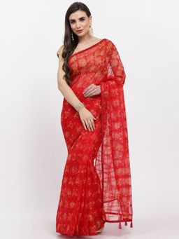 KISHORI - Women Floral & Geometric Print Organza Saree & Blouse Red with Unstitched