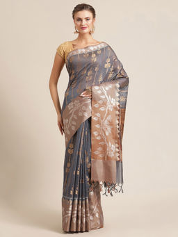 Banarasi Silk Works - Masrise Cotton Woven Saree Grey with Unstitched Blouse