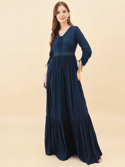 AAYU - Women Blue Rayon Tiered Maxi Dress