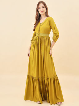 AAYU - Women Olive Rayon Tiered Maxi Dress