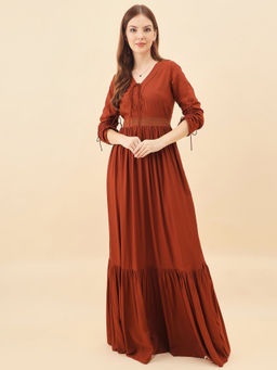 AAYU - Women Rust Rayon Tiered Maxi Dress