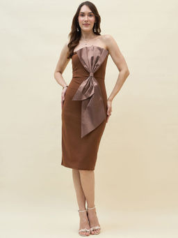 AAYU - Brown Strapless Bodycon Front Bow Details Knee Length Dress
