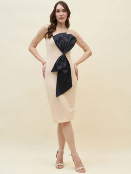 AAYU - Cream Strapless Bodycon Front Bow Details Knee Length Dress