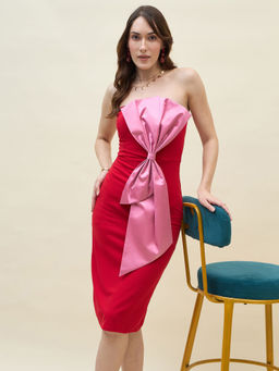 AAYU - Red Strapless Bodycon Front Bow Details Knee Length Dress
