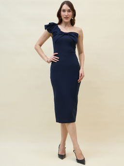 AAYU - Navy Blue One-Shoulder Bow Detail Ruffled Bodycon Midi Dress