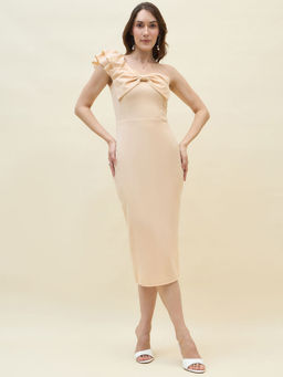 AAYU - Cream One-Shoulder Bow Detail Ruffled Bodycon Midi Dress