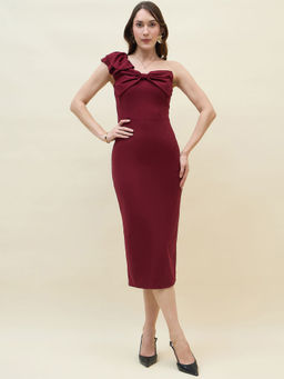 AAYU - Maroon One-Shoulder Bow Detail Ruffled Bodycon Midi Dress