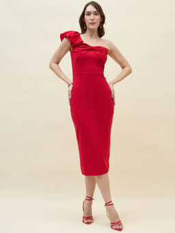 AAYU - Red One-Shoulder Bow Detail Ruffled Bodycon Midi Dress