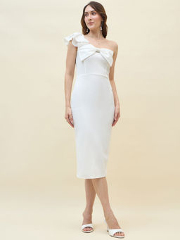 AAYU - White One-Shoulder Bow Detail Ruffled Bodycon Midi Dress