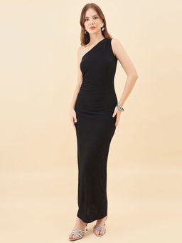 AAYU - Womens Black Lycra Ruched One Shoulder Bodycon Maxi Dress