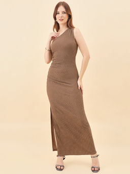 AAYU - Womens Brown Lycra Ruched One Shoulder Bodycon Maxi Dress