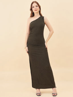 AAYU - Womens Green Lycra Ruched One Shoulder Bodycon Maxi Dress