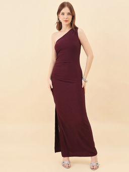 AAYU - Womens Wine Lycra Ruched One Shoulder Bodycon Maxi Dress