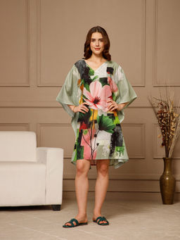 Aditi Wasan - Green V-Neck Cotton Knee Length Kaftan Dress