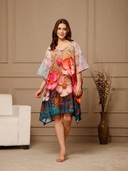 Aditi Wasan - Yellow Pink V-Neck Cotton Knee Length Kaftan Dress