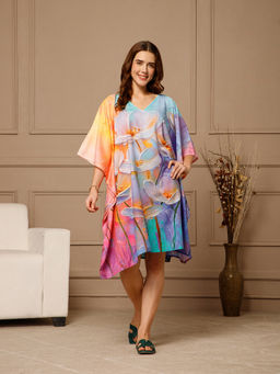 Aditi Wasan - Aqua Blue V-Neck Cotton Knee Length Kaftan Dress