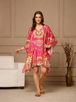 Aditi Wasan - Pink V-Neck Poly Silk Knee Length Kaftan Dress