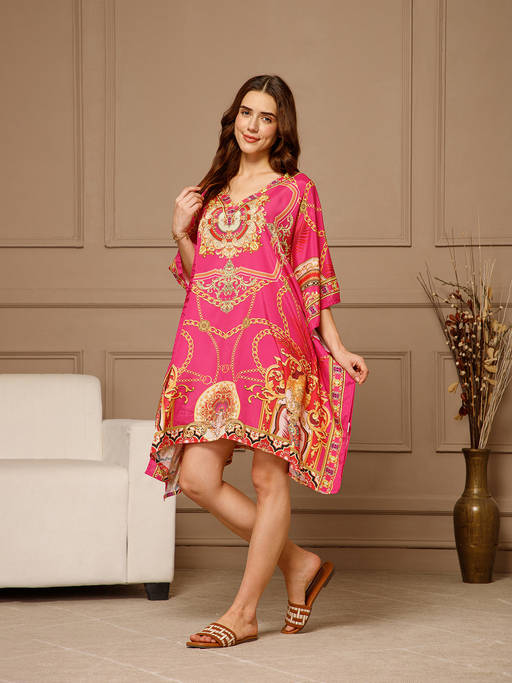 knee length kaftan dress Buy Aditi Wasan Pink V-Neck Poly Silk Online tinkerbelle