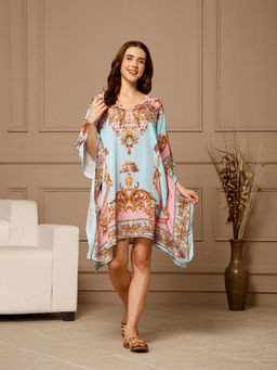 Aditi Wasan - Blue V-Neck Poly Silk Knee Length Kaftan Dress