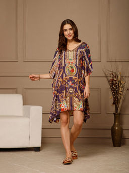Aditi Wasan - Multi-Color V-Neck Poly Silk Knee Length Kaftan Dress