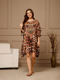Aditi Wasan - Brown Round-Neck Poly Silk Knee Length Kaftan Dress