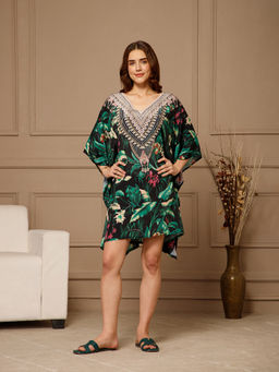 Aditi Wasan - Green V-Neck Poly Silk Knee Length Kaftan Dress