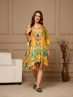 Aditi Wasan - Yellow V-Neck Poly Silk Knee Length Kaftan Dress
