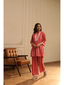 Sugnaa - Cotton Striped Co-Ord Set with Lace Detail - Red