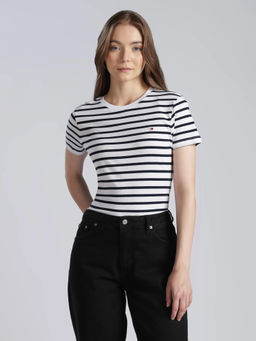 Tommy Hilfiger - Navy Blue Striped Regular Fit Cotton T-Shirt