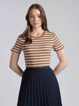 Tommy Hilfiger - Brown Striped Regular Fit Cotton T-Shirt