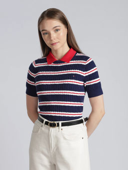 Tommy Hilfiger - Regular Fit Cotton Navy Blue Polo Collar Sweater