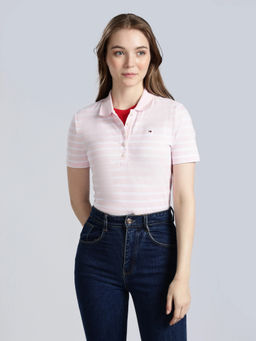 Tommy Hilfiger - Pink Striped Regular Fit Cotton Polo T-Shirt