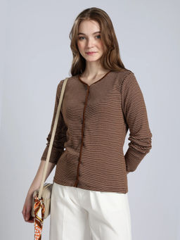 Tommy Hilfiger - Slim Fit Cotton Round Neck Open-Front Brown Cardigan