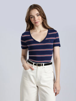 Tommy Hilfiger - Striped Slim Fit Cotton Navy Blue T-Shirt